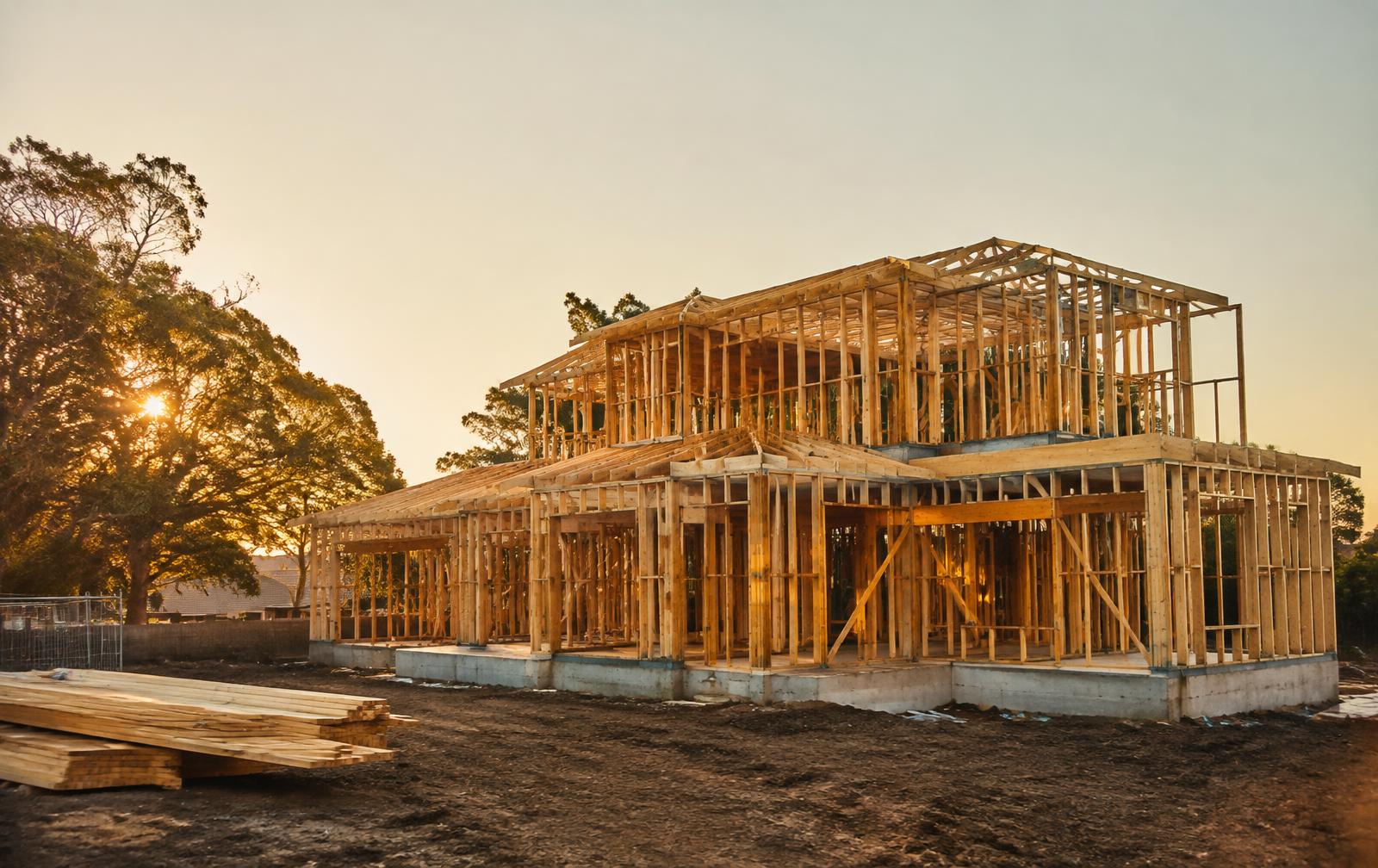 Timber house frame under construction at sunset